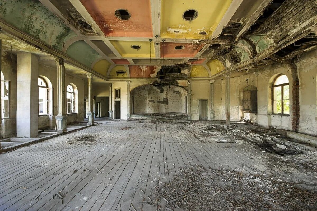 The old, worn-down community hall.